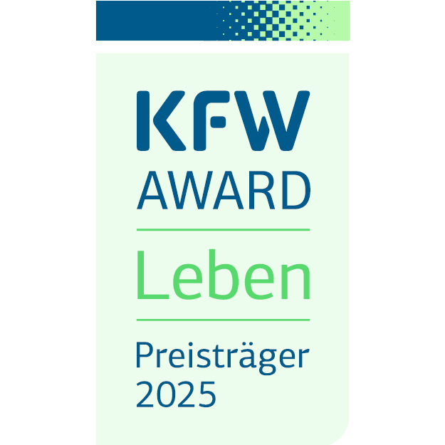 Logo des KfW Award Leben 2025 in Blau und Grün mit der Aufschrift ‚KfW Award Leben – Preisträger 2025