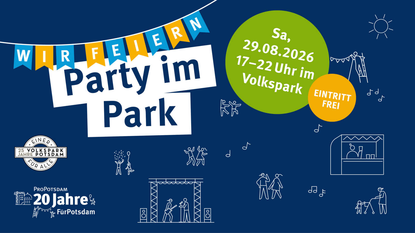 Grafik zur „Party im Park“ am 29.08.2026 im Volkspark Potsdam, 17–22 Uhr, Eintritt frei, mit Musik- und Feiermotiven.