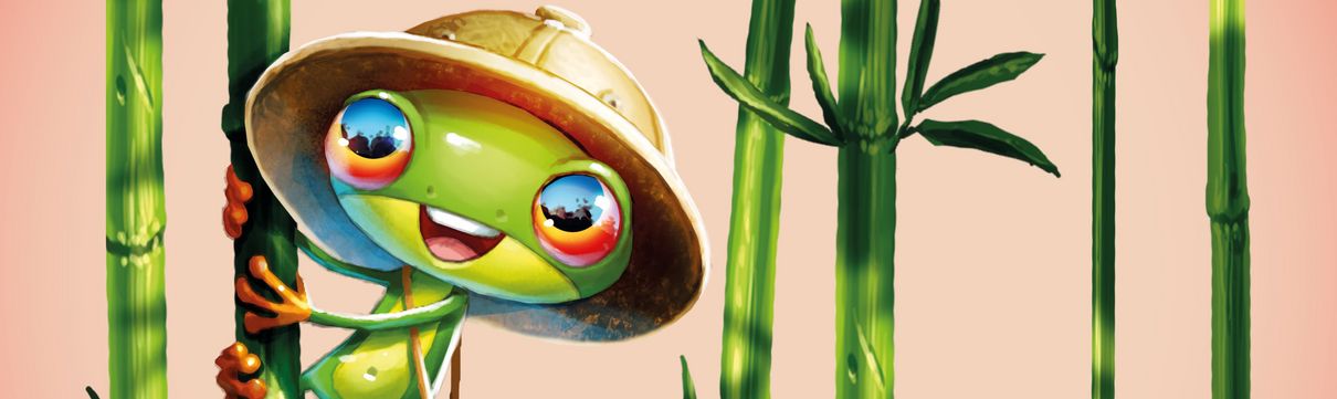 Ein animierter Frosch mit Hut der an einer Bambusstange hängt.