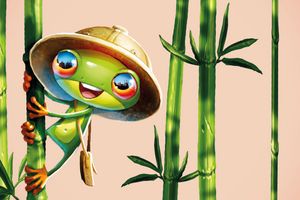 Ein animierter Frosch mit Hut der an einer Bambusstange hängt.