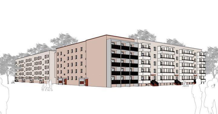 Architekten-Visualisierung Gebäuderiegel fünfetagiger Wohnblock in Braun- und Grautönen