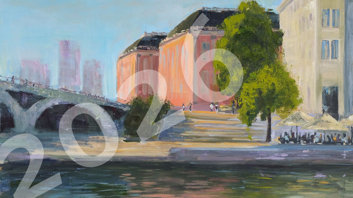 Eine transparente 2026 liegt quer über einem Gemälde.